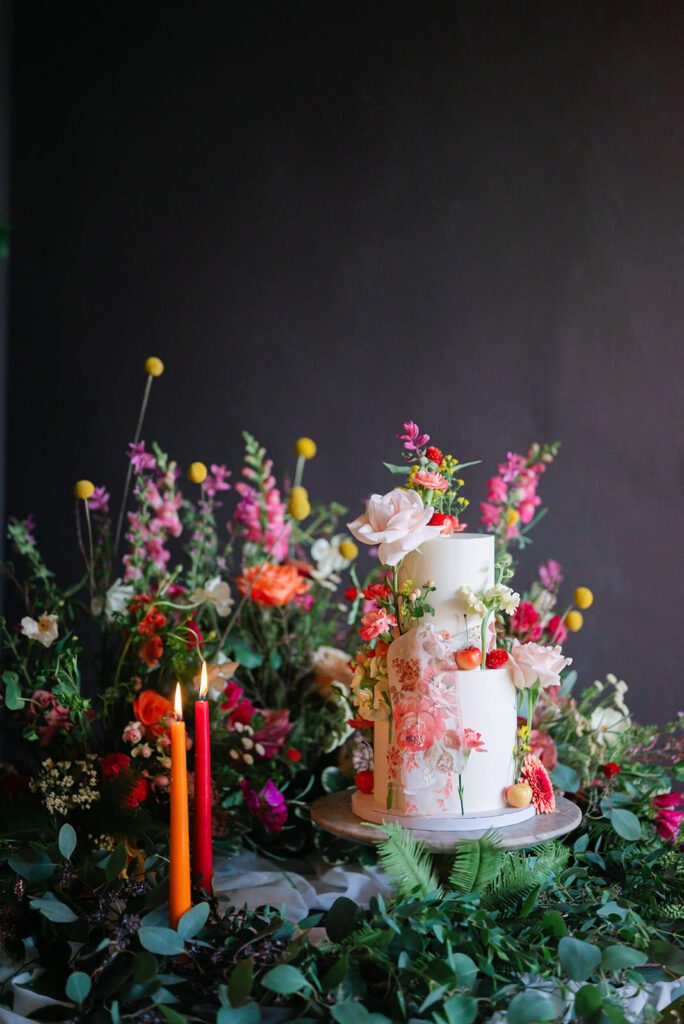 Colorful Wedding Cake Display, Lauren Case Photography