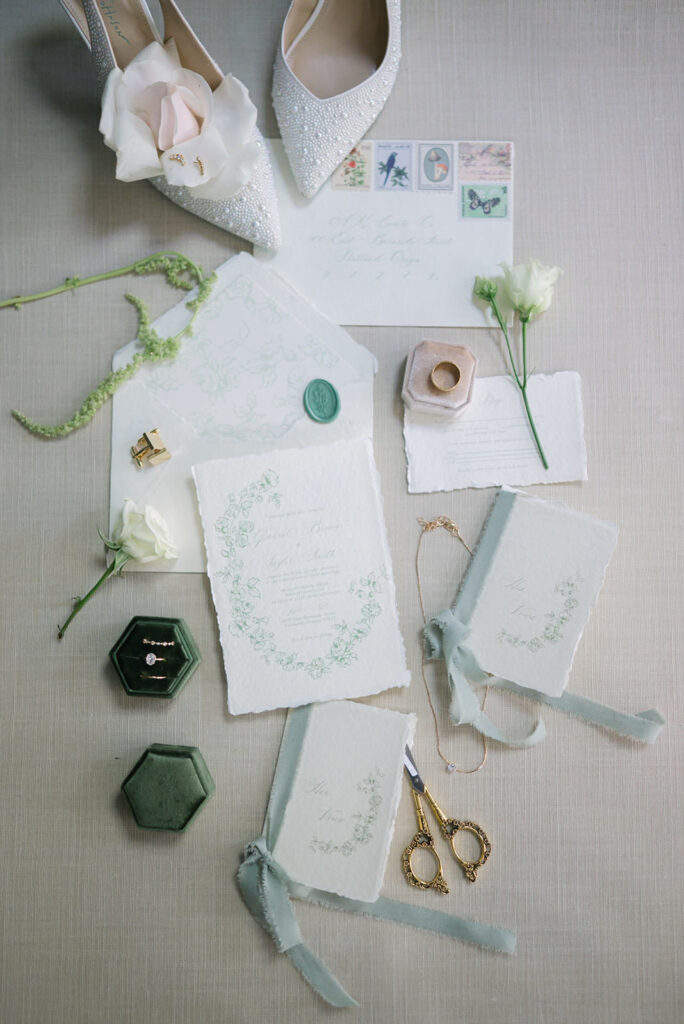 Green and White Luxury Wedding Stationary Flatlay