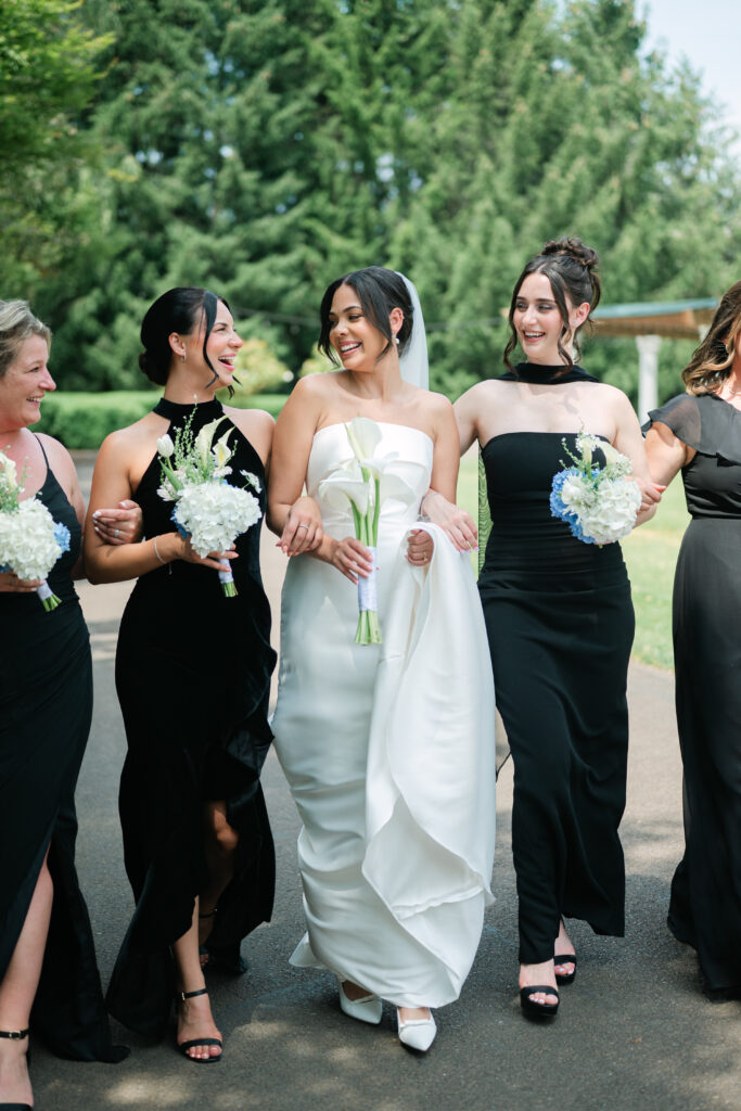 Oregon Wedding, Bridal Party Portraits of black bridesmaids dresses
