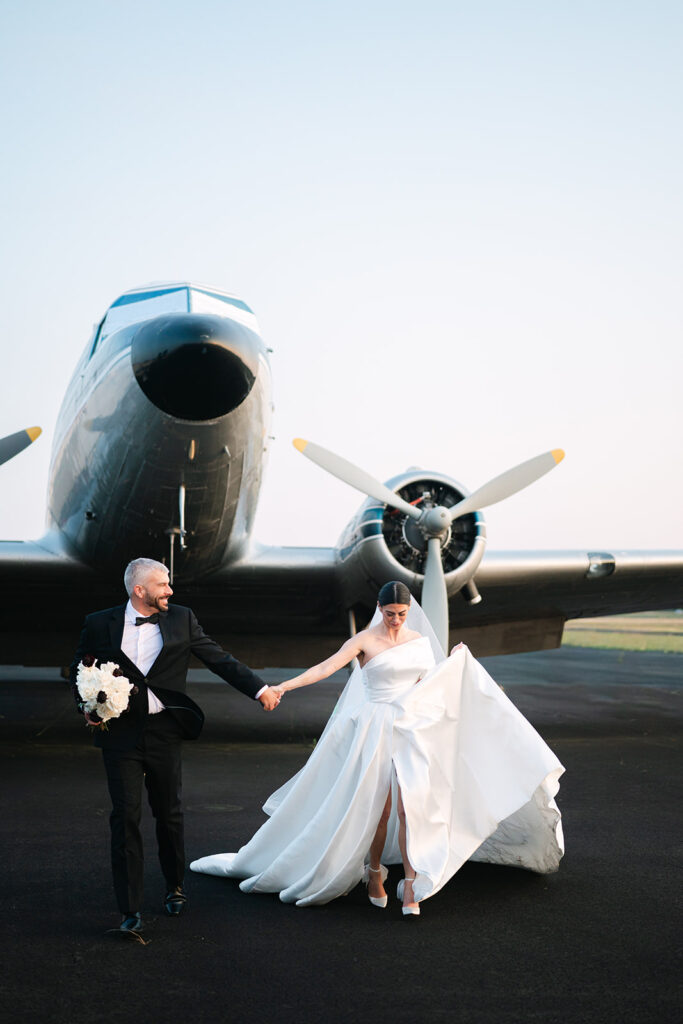 Chic Airport Runway Wedding Editorial Bride and Groom
