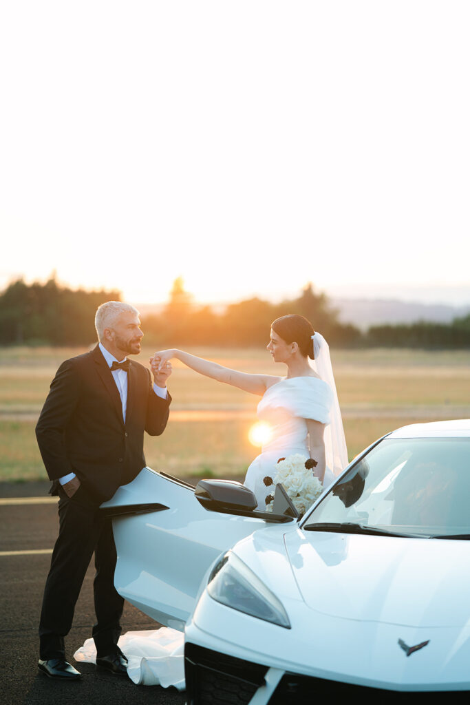 Chic Airport Runway Wedding Editorial Bride and Groom