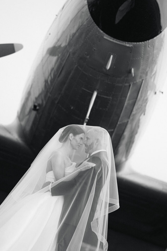 Chic Airport Runway Wedding Editorial Bride and Groom