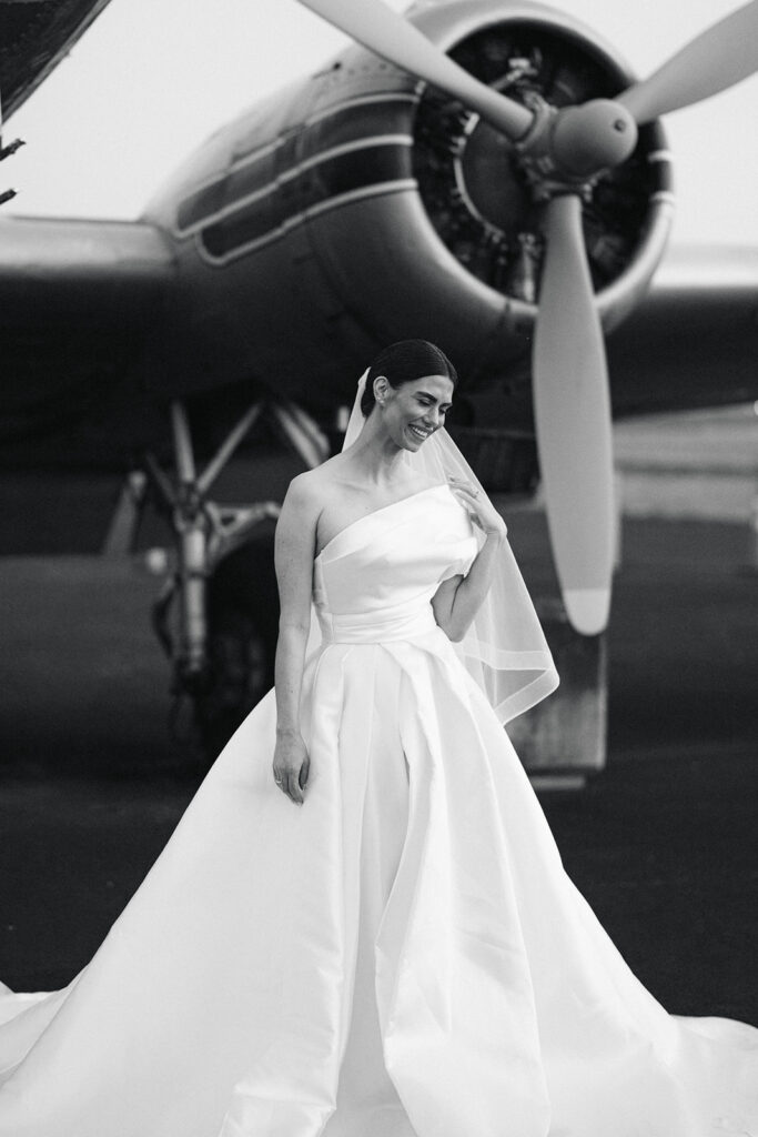 Chic Airport Runway Wedding Editorial Bride and Groom